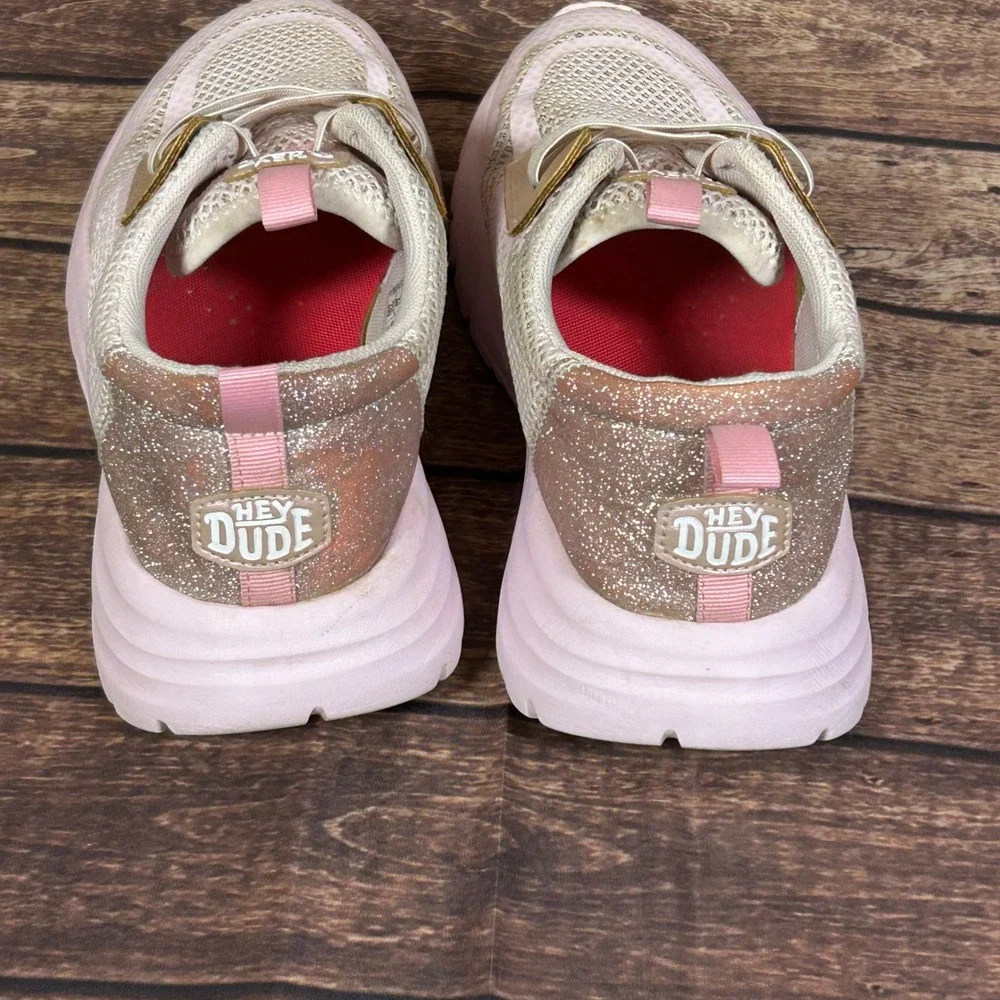 Hey Dude Sirocco Play Kids‎ Sneakers Pink White Glitter Rose Gold Size J5